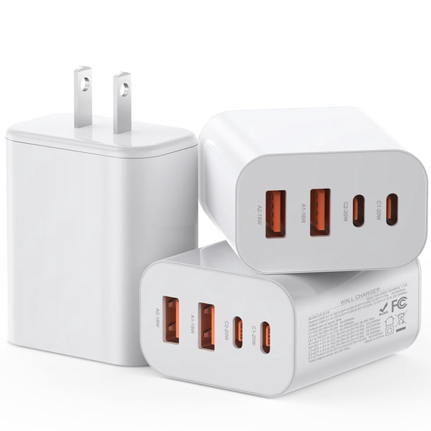 Bloque de cargador USB C, 40 W, 4 puertos, PD+ QC, paquete de 3, blanco