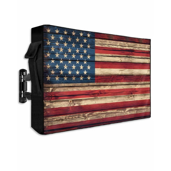 Vintage American Flag Outdoor TV Cover 40 to 43 Inch Weatherproof, Retro Red Blue Flag 600D Oxford TV Covers with Waterproof Zipper, Outside Flat TV Screen Protector Size 40"W x 25"H x 4.5"D