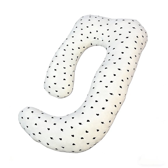 J-Shaped Pregnancy Pillow (65" x 16" x 8") - Full Body Maternity Support for Back, Hip & Belly Relief, White Heart Pattern