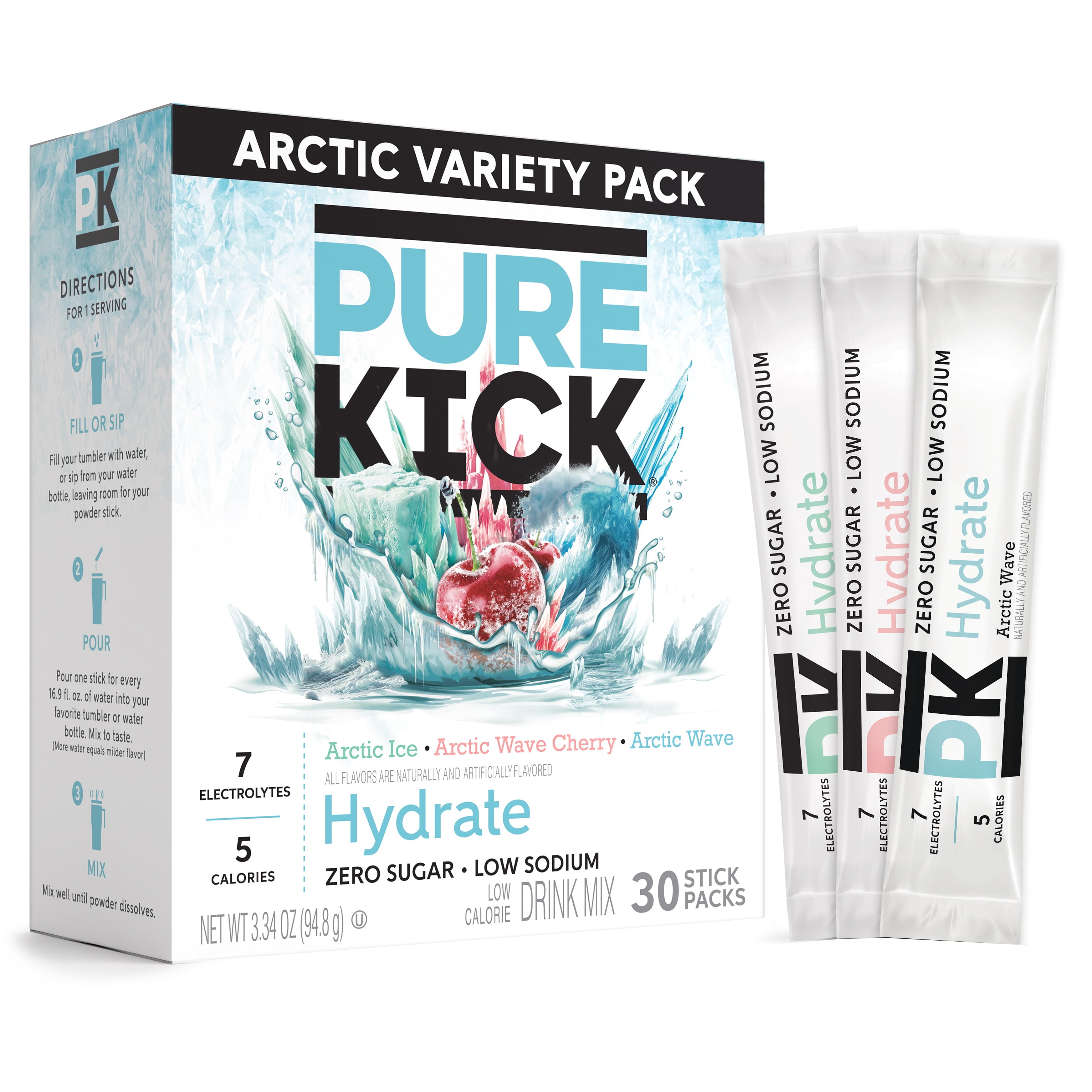 (6 pack) Pure Kick Arctic Variety pack Singles to Go Powdered Drink Mix, Arctic Wave, Arctic Wave Cherry, Arctic Ice, 30 Count Packets