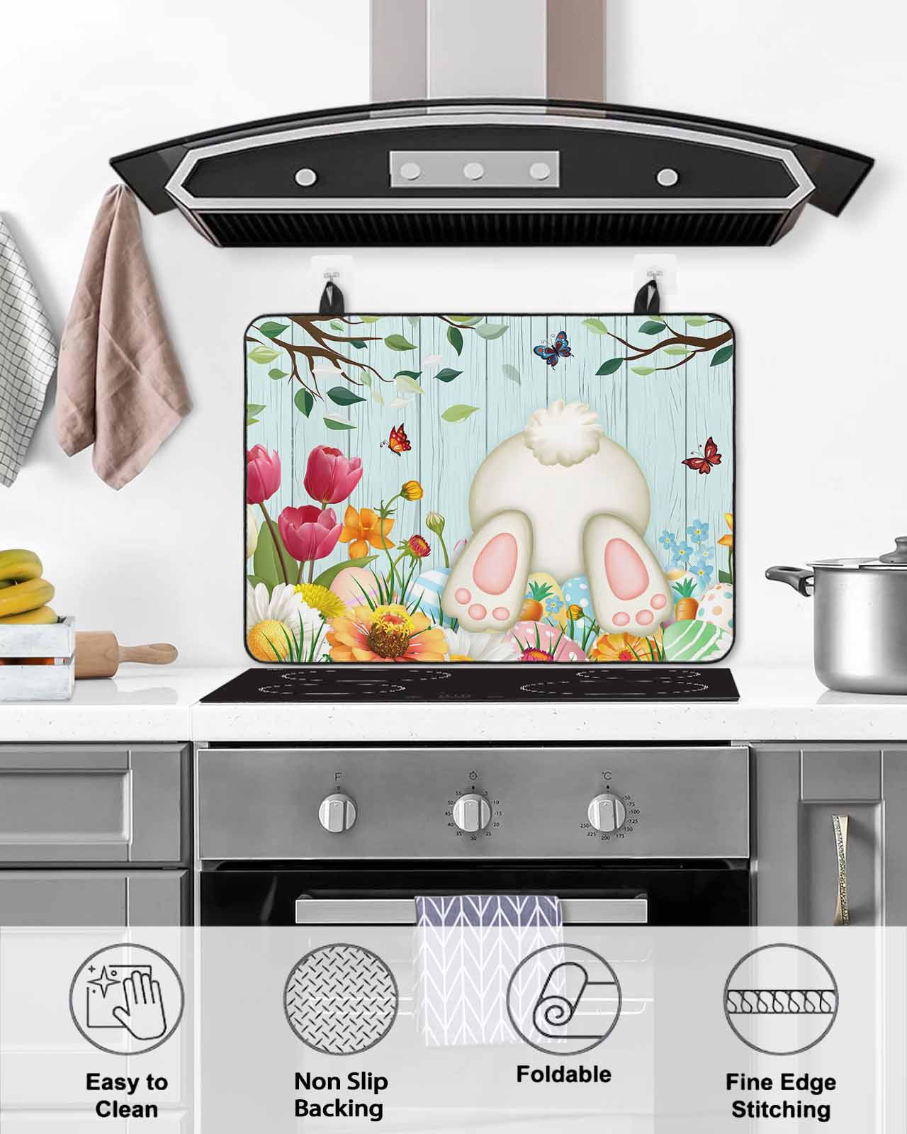 Large Induction Cooktop Protector Mat Easter Stove Top Covers for Electric Stove, Spring Watercolor Eggs Tulip Wooden Grain Teal Decorative Stove Burner Cover Mats, Glass Top Stove Cover