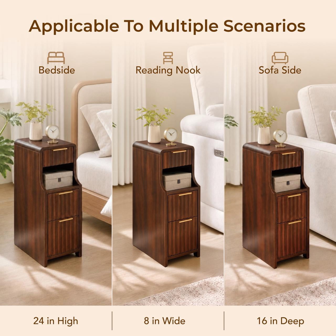 Spruce & Spring Mid-Century Modern Narrow Nightstands Set of 2 with 3 Drawers & Open Shelf for Living Room, End Table for Small Spaces, Walnut