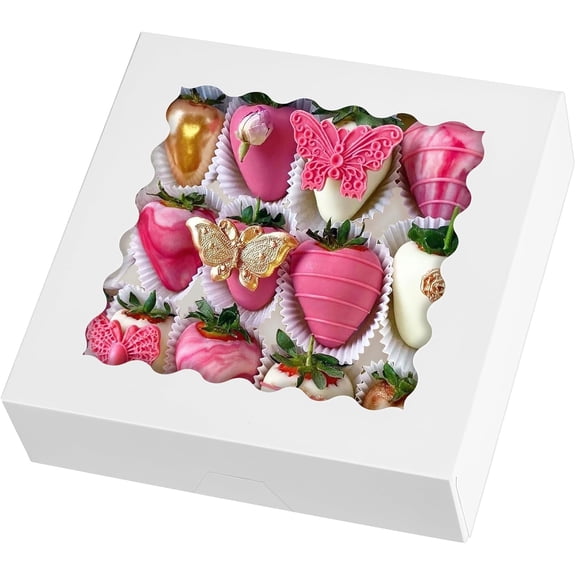 9" x 9" x 2.5" Pie Boxes, 20 Pack Auto Pop-up Chocolate Covered Strawberry Boxes White Bakery Boxes with Window for Cookies, Treats, Pastry, Breakable Heart, Donuts, Muffins