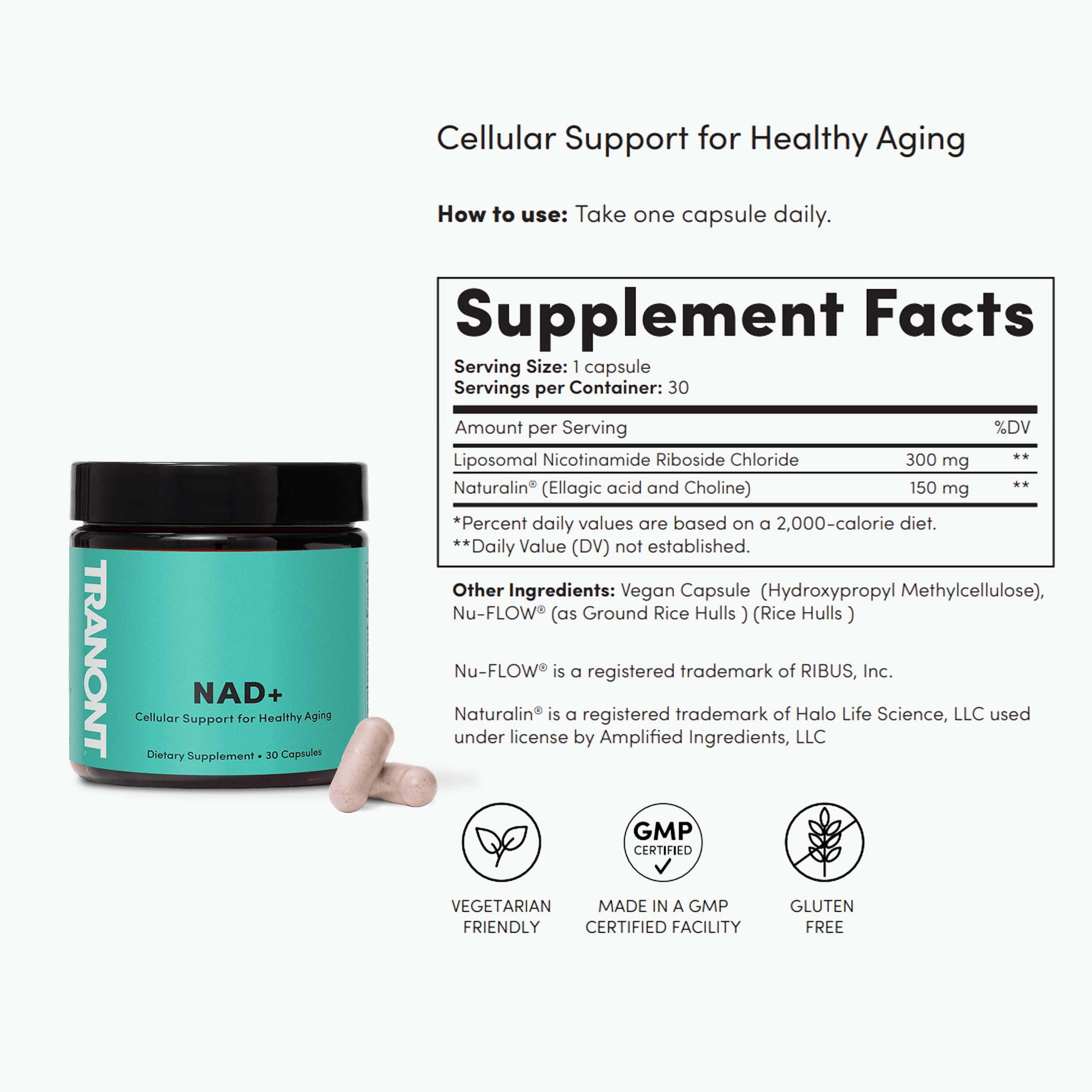 Tranont NAD+ Supplement, 30 Vegan Capsules, Supports Cellular Energy & Healthy Aging