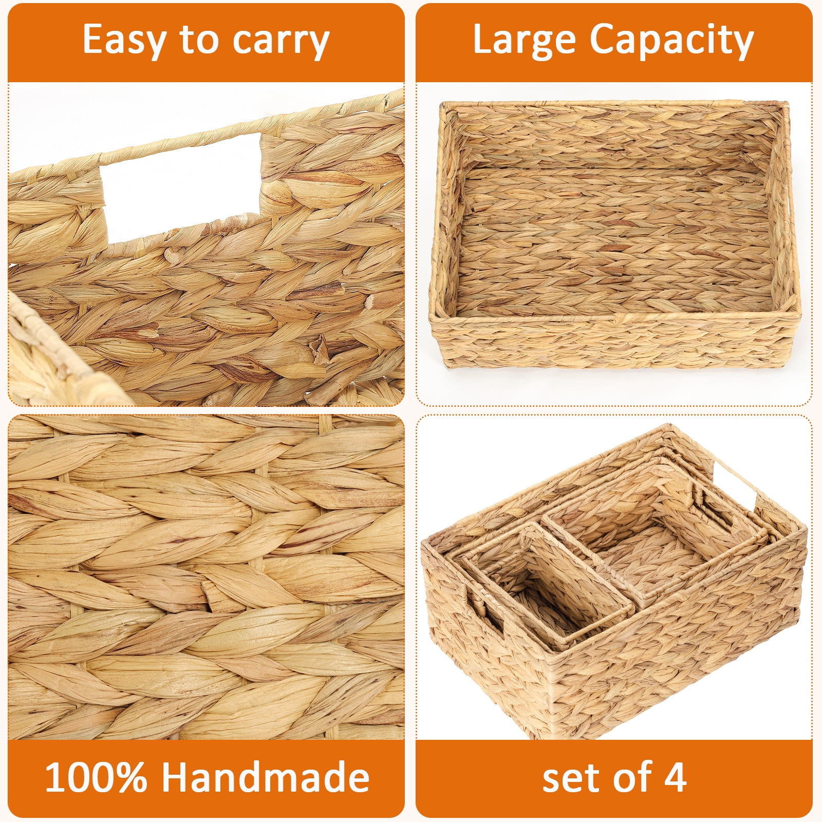 Natural Woven Storage Baskets - 4-Piece Set - For Fruits & Vegetables - Kitchen, Pantry, Countertop, Refrigerator Organization - Eco-Friendly Gourd Grass