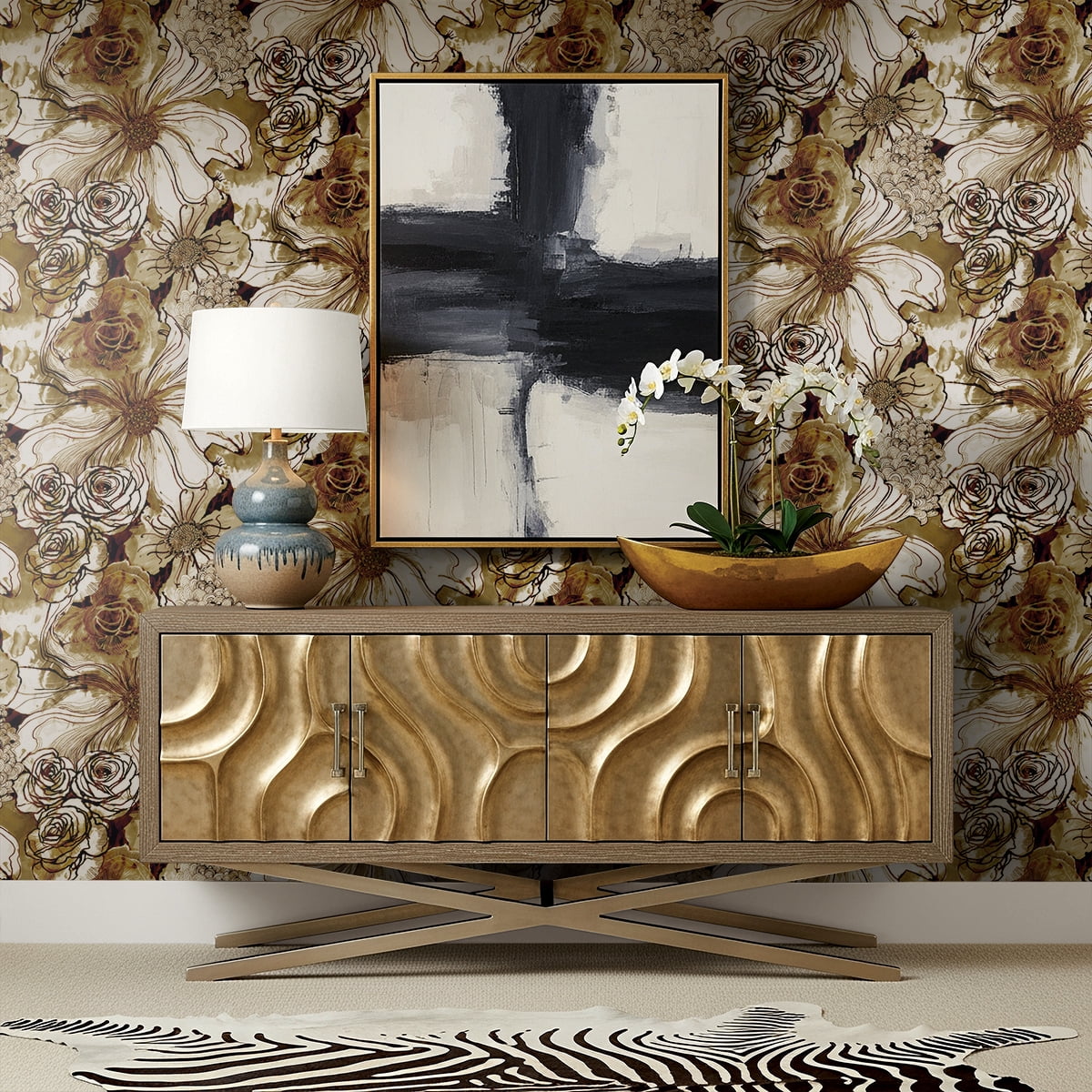Harry & Grace Metallic Bronze & Wine Ink Rose Peel and Stick Wallpaper - 20.5 in. W x 18 ft. L Roll