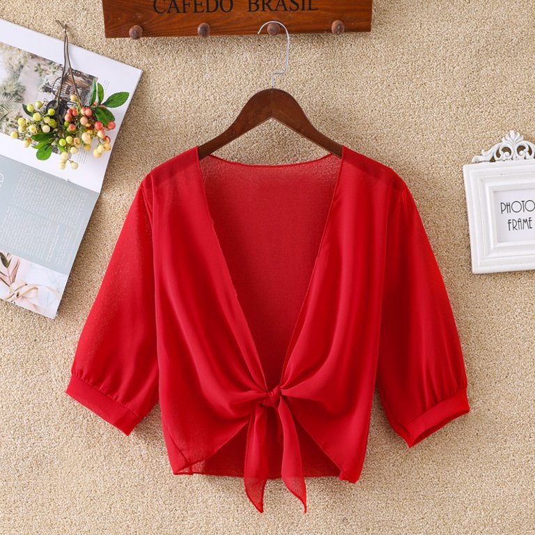 Women Wrap Jacket Half Sleeve Sheer Soft Chiffon Bolero Shrug Open Front  Jacket Cardigan for Party Coat