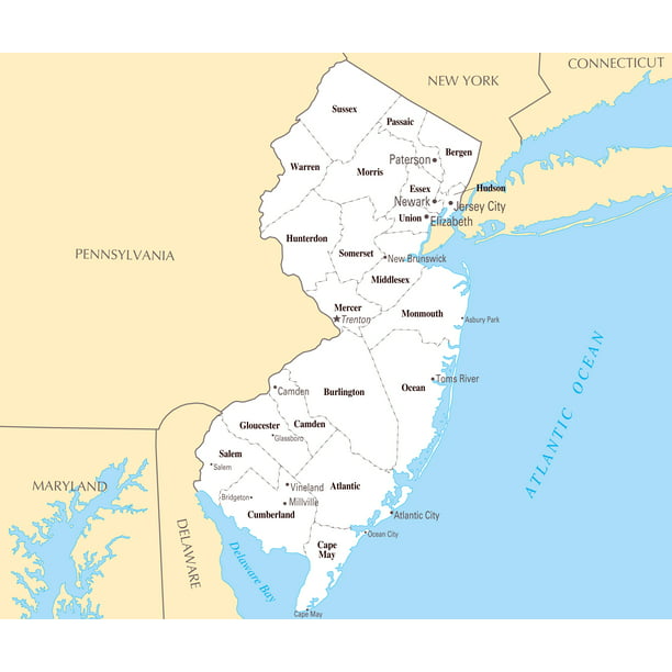 Laminated Map - Large administrative map of New Jersey state with major ...
