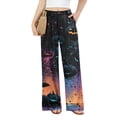 thumbnail image 3 of Halloween Wide Leg Pants for Women, Button Closure Trousers with Gradient Pumpkin & Bat Print, High Waist Loose Fit Streetwear Bottoms with Pockets, 1 Pc Multicolor L, 3 of 6