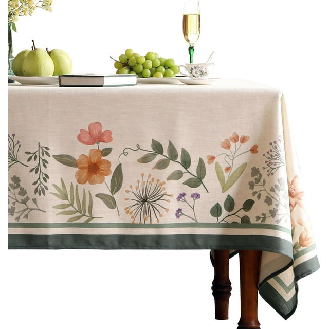 Beige Linen Long Rectangle Tablecloth,Vintage French Shabby Chic Floral Wrinkle Free Table Cloth,Decor Table Cover for Kitchen,Dining,Party,Christmas,Thanksgiving,63"*102"-Manolya