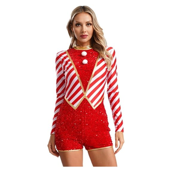 TSSOE Women Christmas Candy Cane Clothes Sequins Striped Ballet Dance Leotard Unitards Xmas Party Jumpsuit Red S