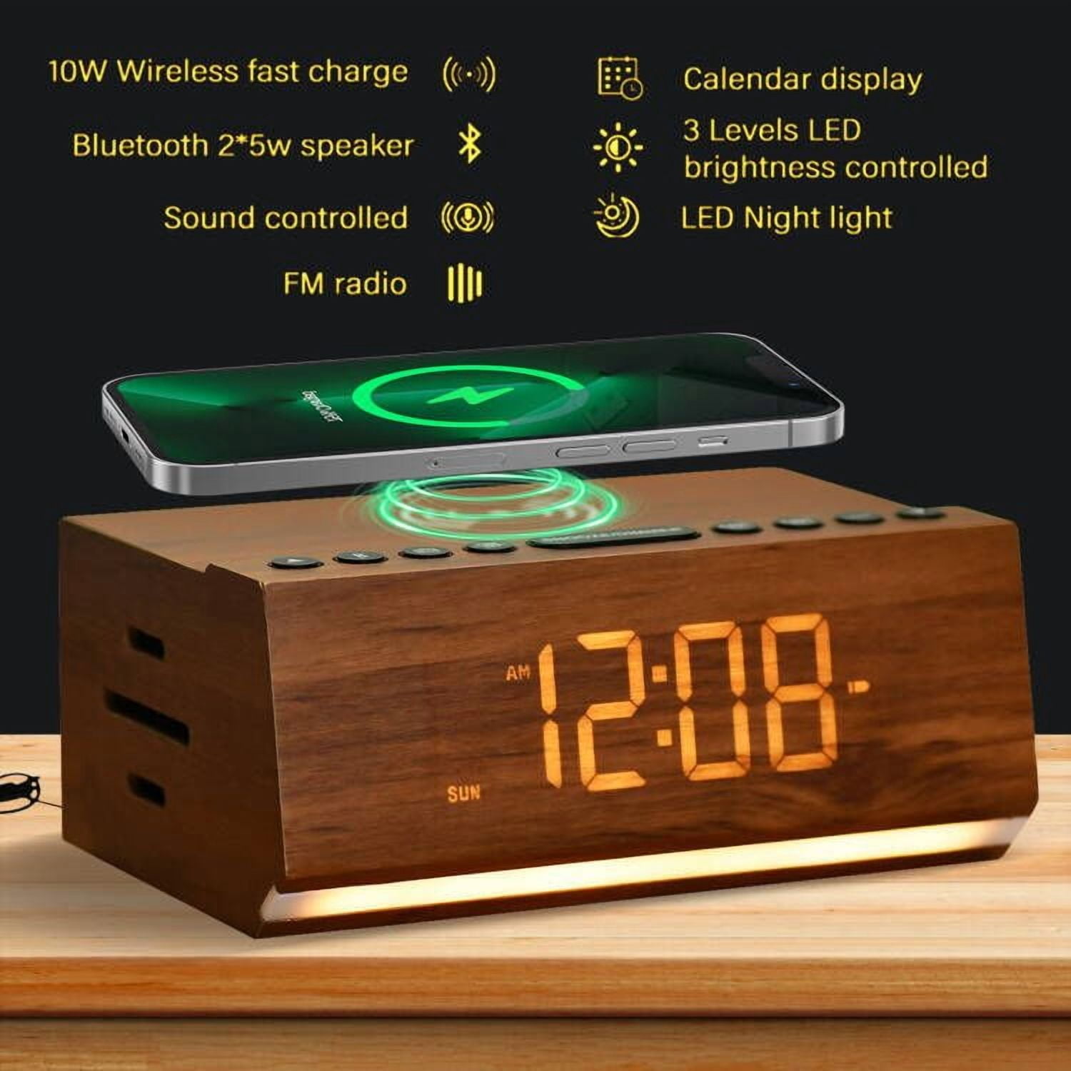 Party Atmosphere Assistant Wood Grain Display Bluetooth Speaker – FM Radio & Bluetooth Alarm Clock, Wireless Phone & USB Charging, Built-in Power System for Long Use During Outages