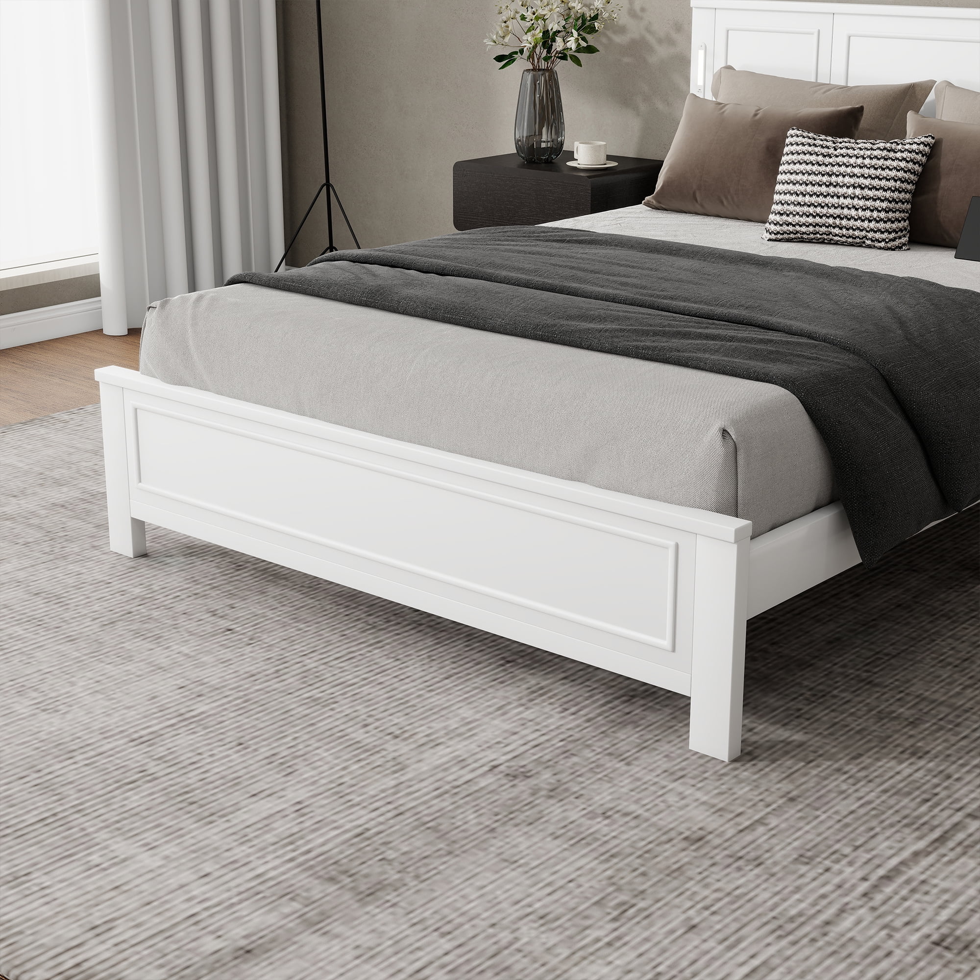 Mintazer Queen Size Bed Frame with LED Light & USB Charging Station, Modern Platform Bed with Under-Bed Storage & Tall-Panel Headboard, White