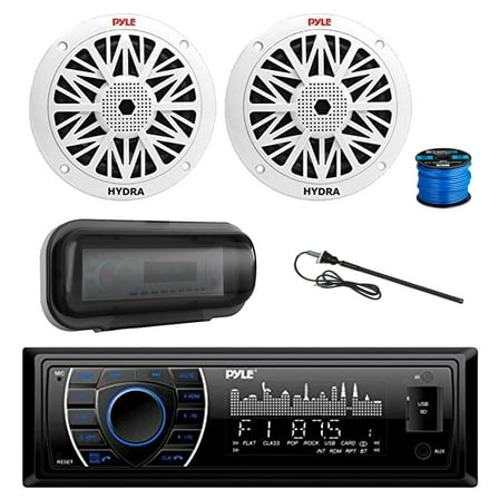 Pyle PLRMR27BTB Marine Bluetooth MP3 Radio Receiver, Radio Cover, 2x 6.5" 200 Watt Peak Full Range 2-Way Waterproof Audio Speakers w/Wire, Long Range Antenna