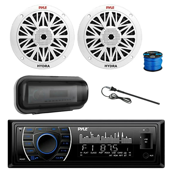 Pyle PLRMR27BTB Marine Bluetooth MP3 Radio Receiver, Radio Cover, 2x 6.5" 200 Watt Peak Full Range 2-Way Waterproof Audio Speakers w/Wire, Long Range Antenna