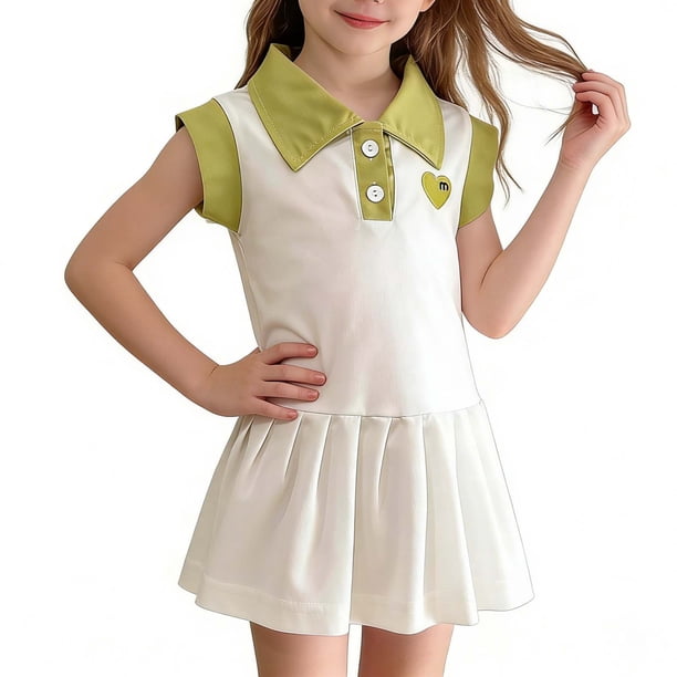 Odeerbi Niñas Plisado Tenis Vestido Corazón Bordado Color Bloque Sin Mangas Casual Vestido de Golf de Línea A