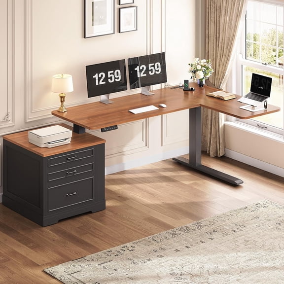 Height Adjustable L Shaped Electric Standing Desk, 70.9" Farmhouse Office Computer Desk with 3 Drawers