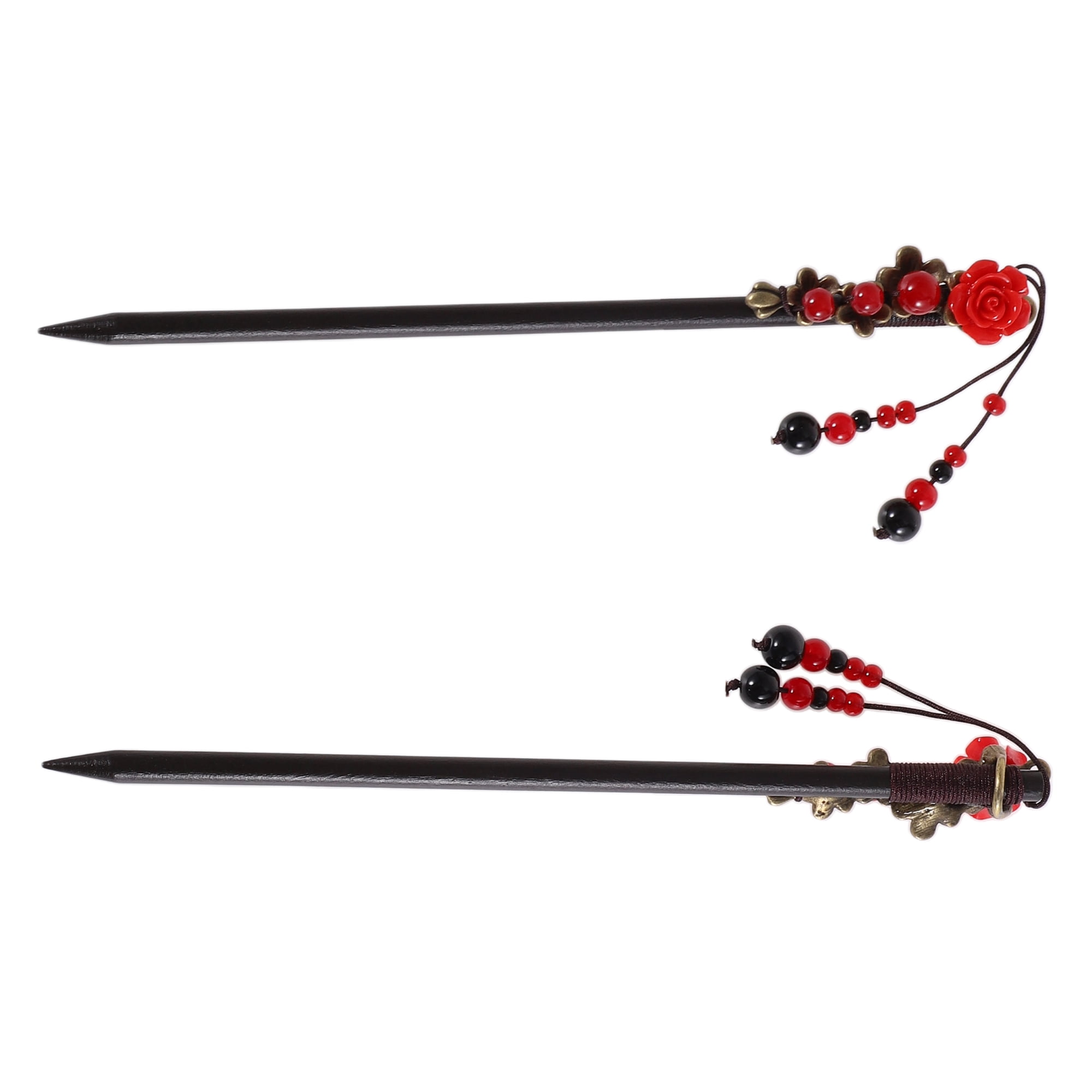 Unique Bargains Hair Chopstick for Women Black Red 1 Pc [Flower Beads Tassel]