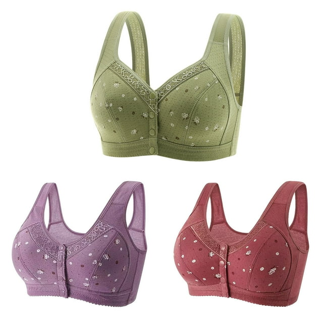 Timegard 3pc Plus Size Bras for Women Front Closure Button Full Support Bralette Comfort Seniors Bras