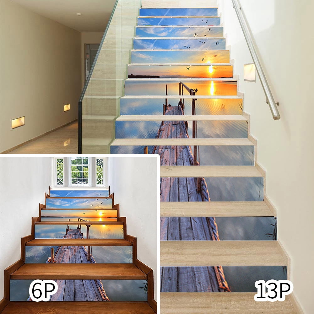 Sea view Sunset Landscape Pathway Wooden Trestle Peel and Stick Vinyl Stair Riser Decals Staircase Tile Stickers Decor Modern Marble Decoration Self-Adhesive 18x100cm
