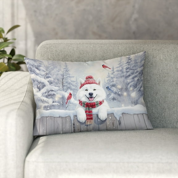 Playful Samoyed Welcomes Winter Snowy Day with Cardinal Bird Pillowcase Double Sided Siberian Sammy Dog Lover Pillow Case Covers - 2017