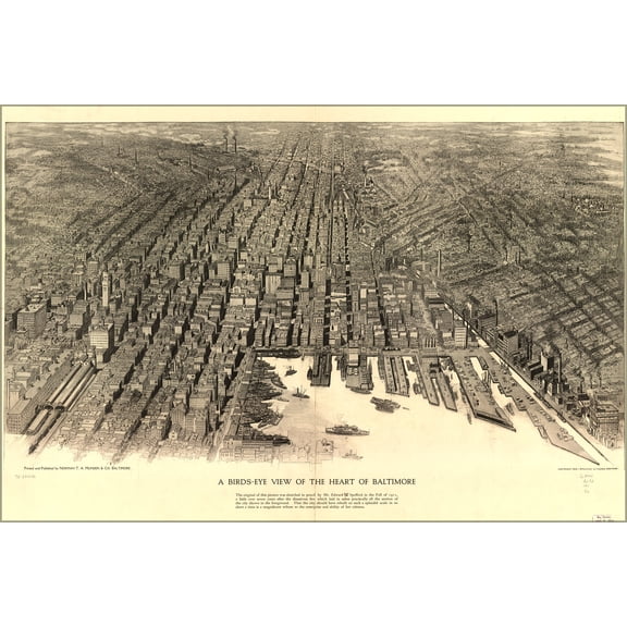 24"x36" Gallery Poster, birdseye view map of the heart of Baltimore 1912