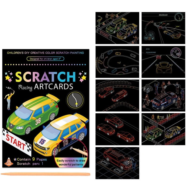 B Racing Car Series Scratch Paper Art Set With Pen For Kids Diy Craft Birthday Christmas Activity