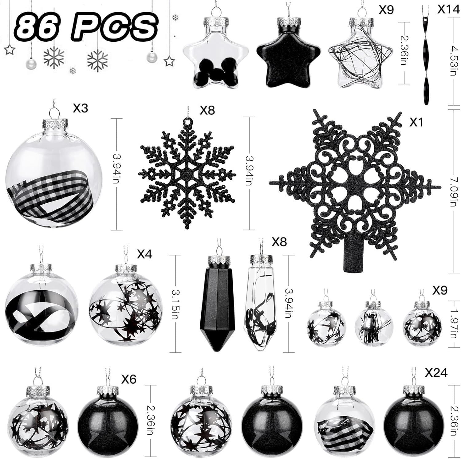 86PCS Christmas Tree Ornaments Clear Set, Shatterproof and Clear Plastic Baubles for Xmas Tree Decor, Holiday Wedding Party Decoration, Champagne