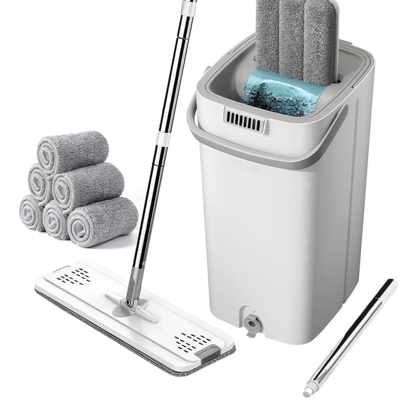 PokEpic Dual 4L Chambers Microfiber Flat Mop and Bucket Set with 6 Pads, White