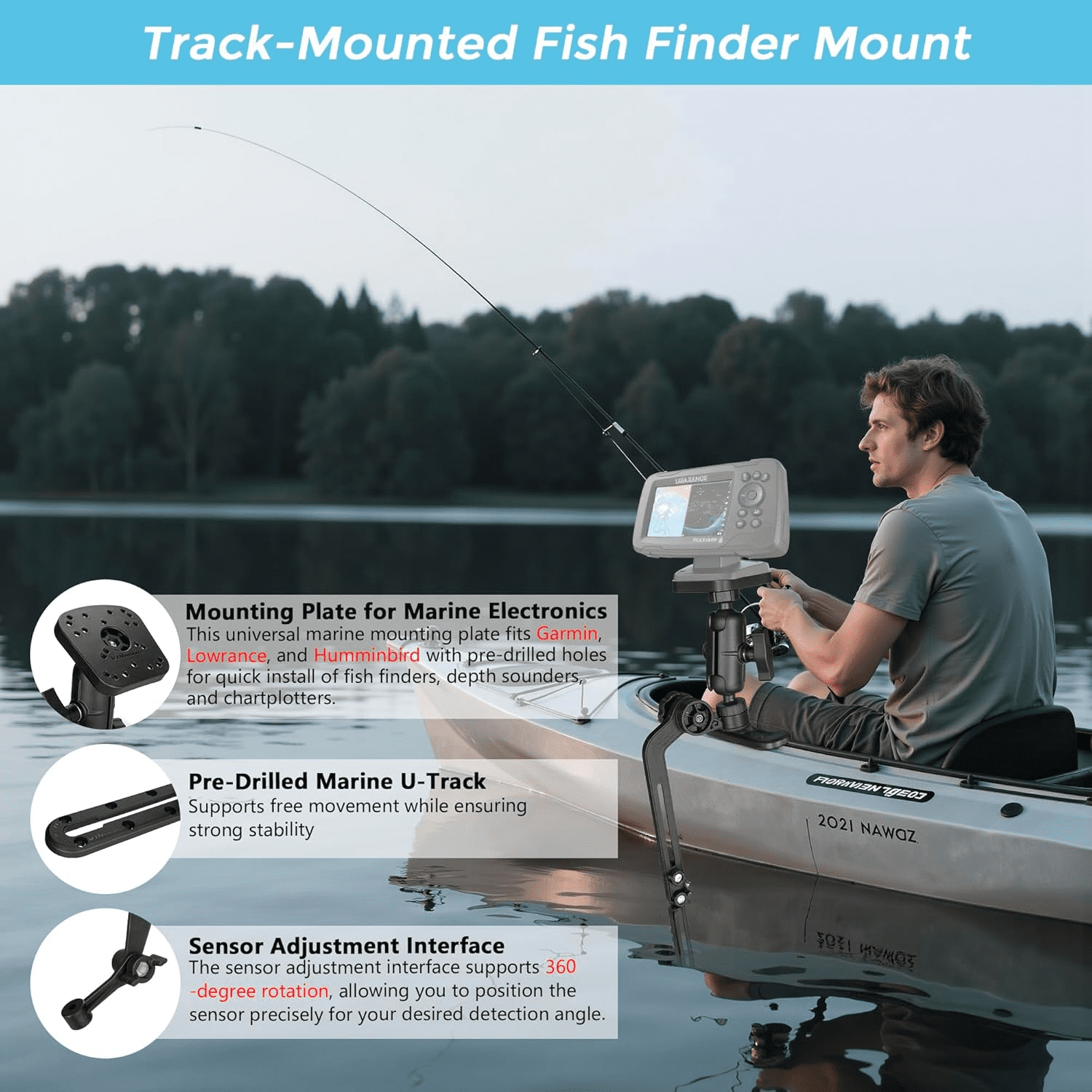 VINmounts Kayak Fish Finder Mount with Transducer Mounting Arm, Compatible with Garmin Striker 4, Lowrance Fish Finders,with Kayak Track