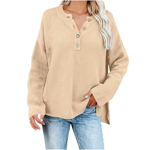 Zedker Casual Women'S Solid Color Button Mock Neck Long Sleeve Pointelle Knitted Sweaters, Comfy Loose Pullover Tops for Fall,Beige,L