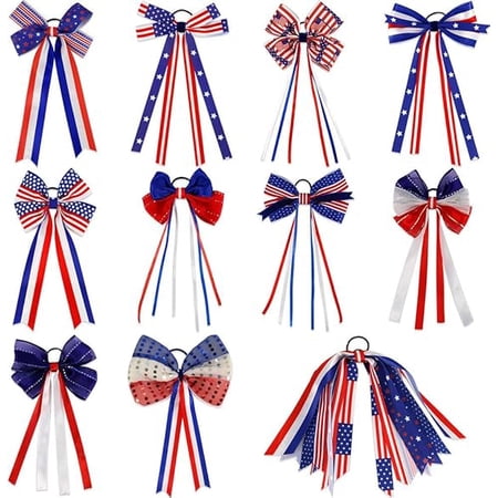 NIETEIN Bows Hair Ponytail Holder Elastic Band 4th of July Independence Day Patriotic Accessories 11PCS (Red  Blue White)