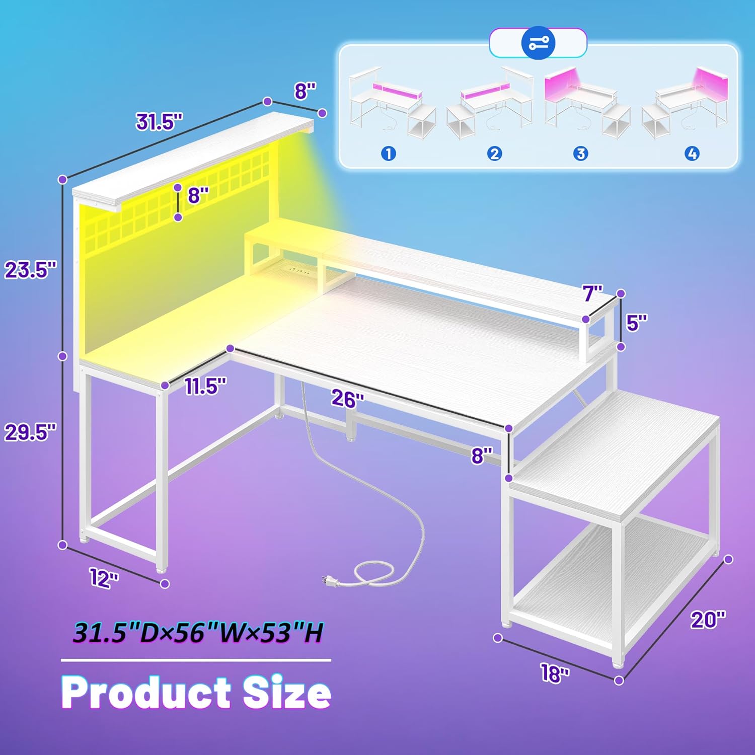L Shaped Gaming Desk with Shelves & Hooks,56" Reversible Corner Gaming Table with LED Lights & Power Outlets,Computer Desk with Storage & Monitor Stand & Print Stand for Home Office,White