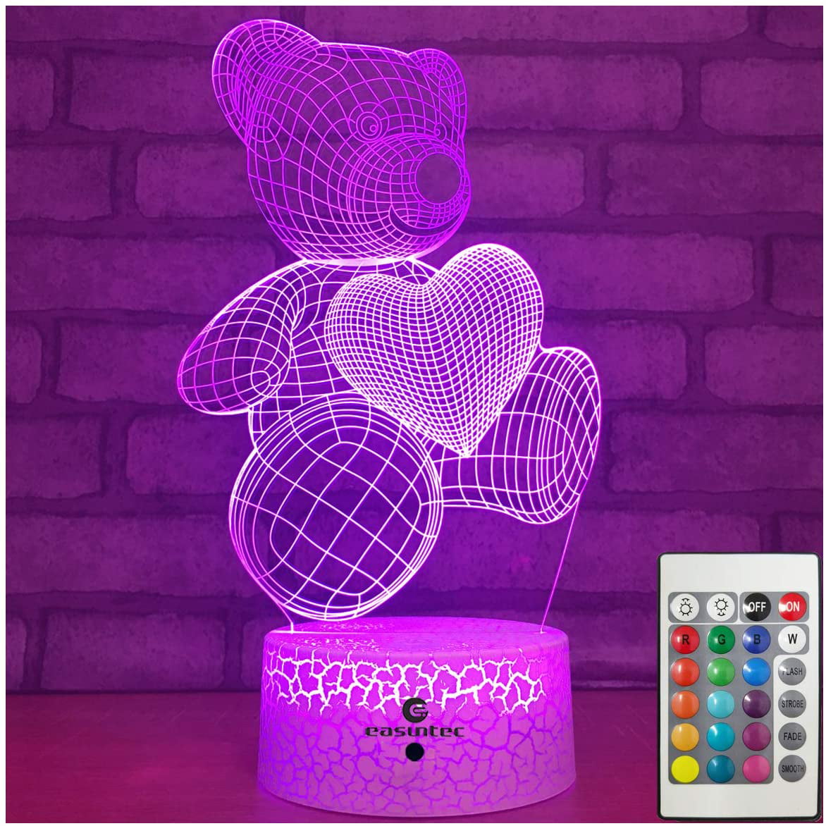 Night Lights for Kids Teddy Bear 7 Colors Change with Remote 3D Nightlight Help 
