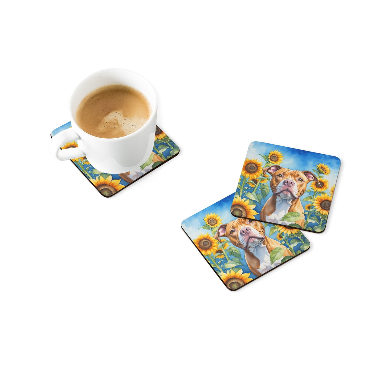 Pit Bull Terrier in Sunflowers Foam Coasters 3.5 in x 3.5 in