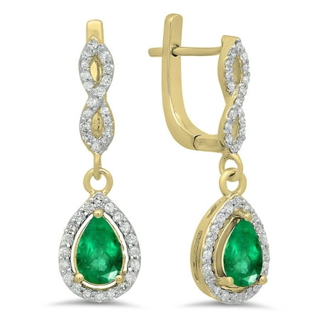 1.30 Carat (ctw) 18K Yellow Gold Pear Cut Emerald & Round Cut White Diamond Ladies Halo Style Dangling Drop Earrings