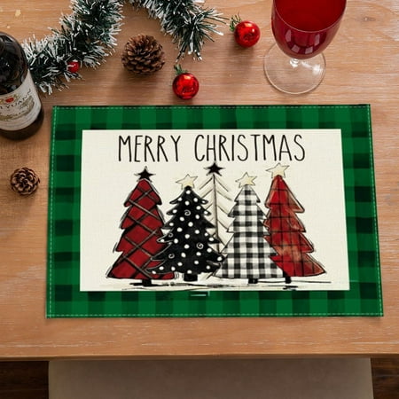 

KeirineCC Black Buffalo Plaid Christmas Tree Placemats Merry Christmas Placemats 12x18 Inch Seasonal Winter Xmas Holiday Table Mats for Party Kitchen Dining Decoration - Green