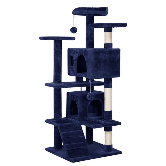 Yaheetech 53.9" H Cat Tree with Double Condos, Scratching Posts & Ramp, Navy Blue