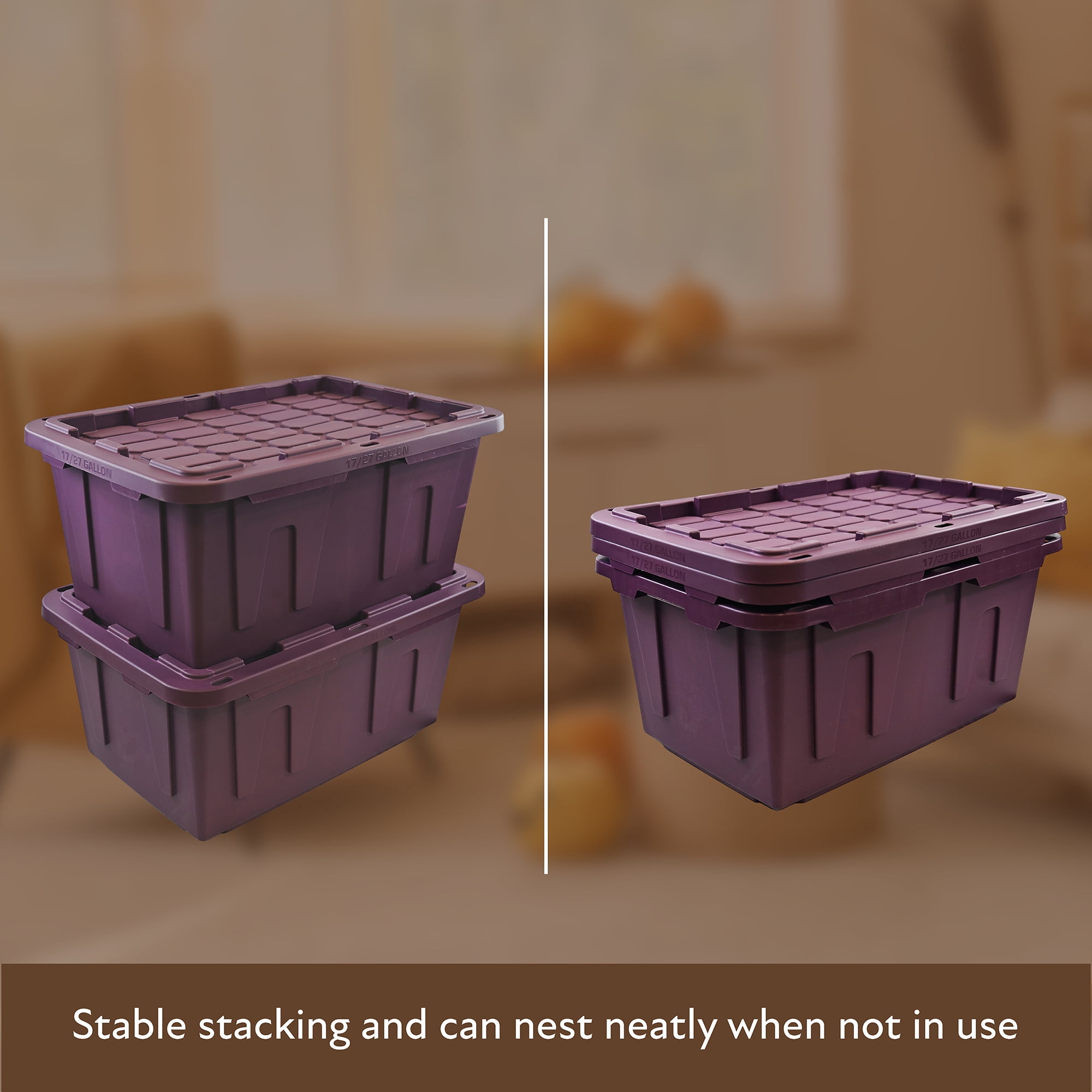 Sort & Style 27 Gallon Large Storage Bin with Snap Lid, Italian Plum Purple, 4 Pack, Heavy Duty Plastic Storage Container
