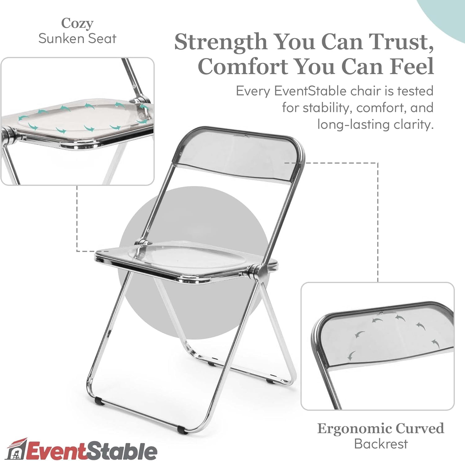 EventStable Clear Acrylic Folding Chair with Electroplate Chrome Frame, Lightweight Portable Seating Stackable Comfortable Chair for Indoor Outdoor Dining, Events & Parties - Clear - 4-Pack