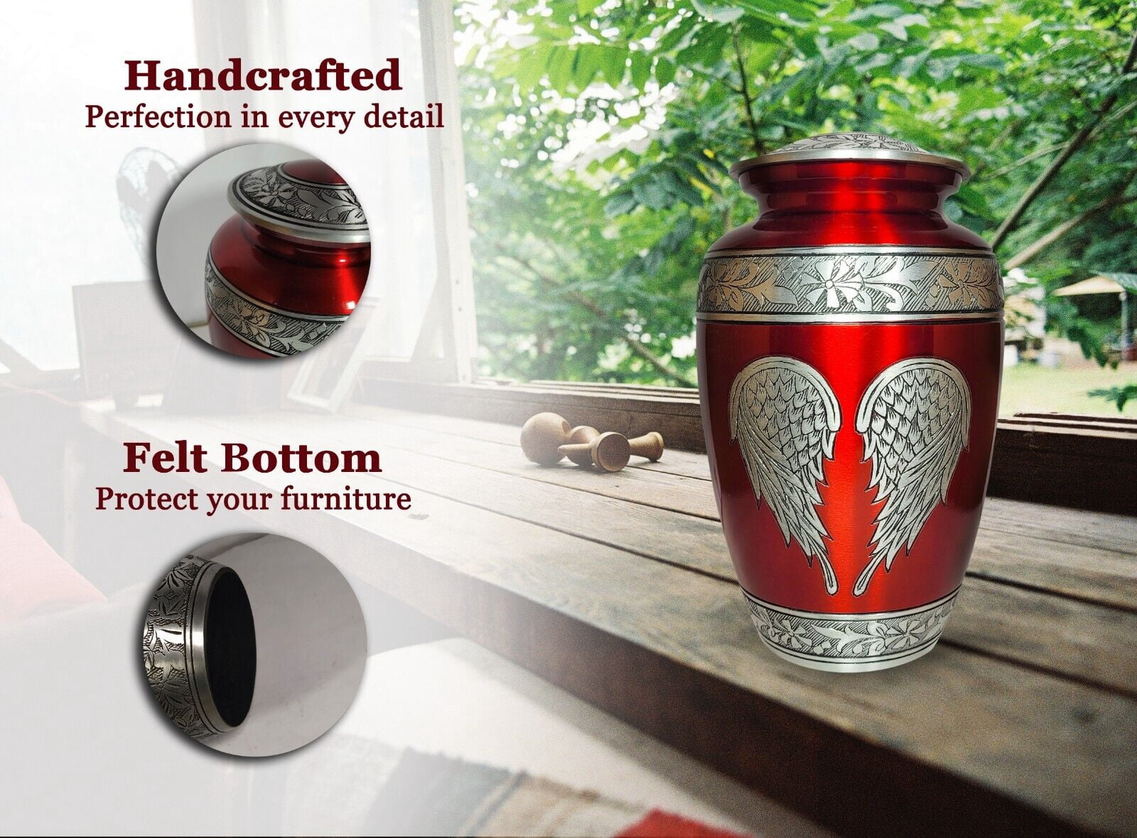 New Angle Wing Cremation Urn Red Engraved Funeral Jar for Human and Pet Ashes Size Large with velvet bag