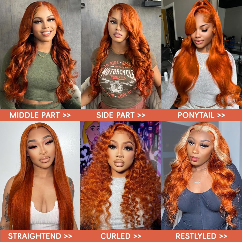 13x4 Ginger Body Wave Human Hair 200 Density HD Transparent Lace Frontal Wigs Pre Plucked for Women