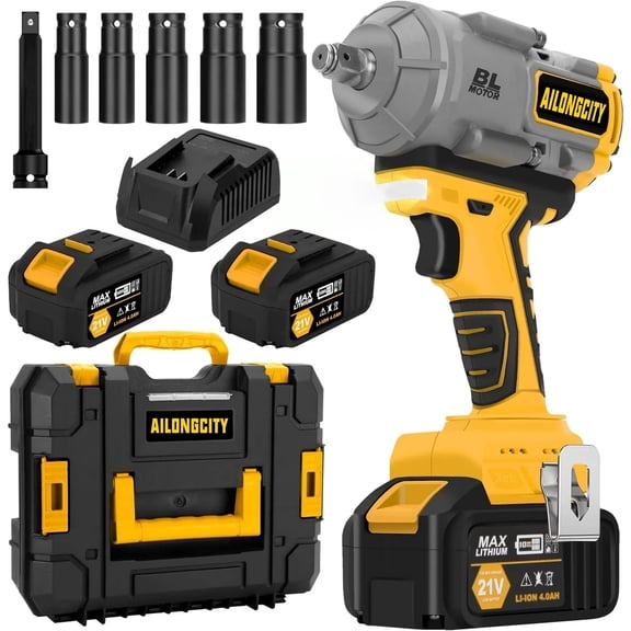 1000N.m(740ft-lbs) Cordless Impact Wrench, 1/2 Inch High Torque Brushless 21V Impact Gun w/ 2 x 4.0Ah Battery & Fast Charger & 5 Sockets, Pistola De Impacto for Home Car Tires Truck Mower