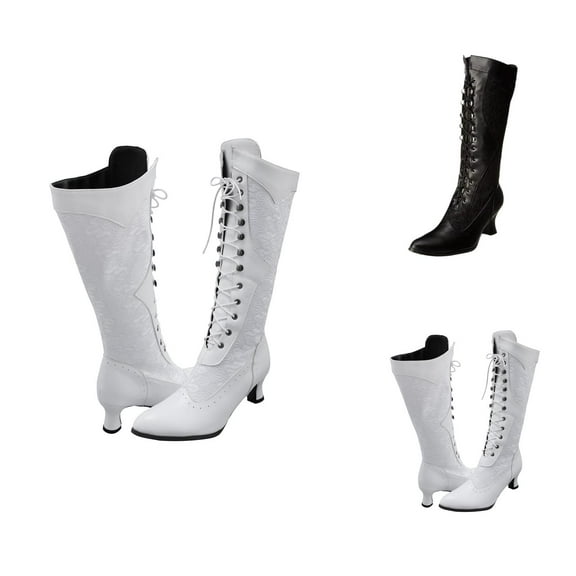 Women's Fashion Lace Knee High Boots, Pointed Toe High Heel Boots with Side Zipper, Mid Tube Boots for Fall Winter
