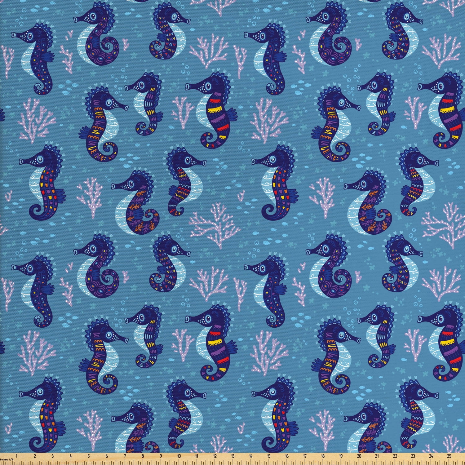 Seahorse Fabric by The Yard, Fantasy Underwater Life Illustration with