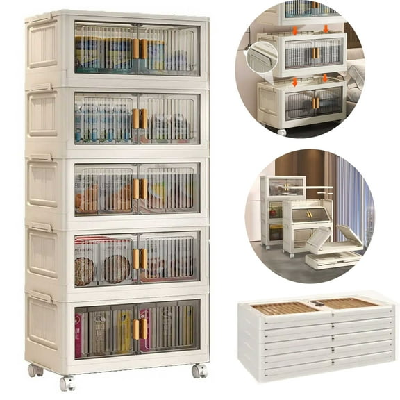 Storage Bins with Lids, 5 Tier Foldable Plastic Storage Container with with Wheels & Magnetic Doors, Stackable Collapsible Storage Bins for Closet Organizers and Storage