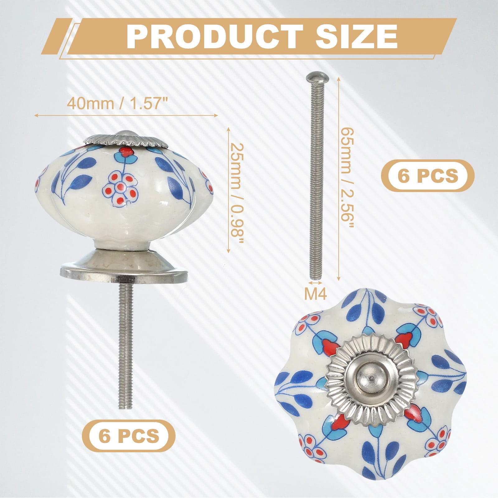6 Packs Ceramic Knobs, Pumpkin Ceramic Cabinet Drawer Knobs with Screw for Closet Drawer Cupboard Wardrobe, White/Blue/Red (Flower)