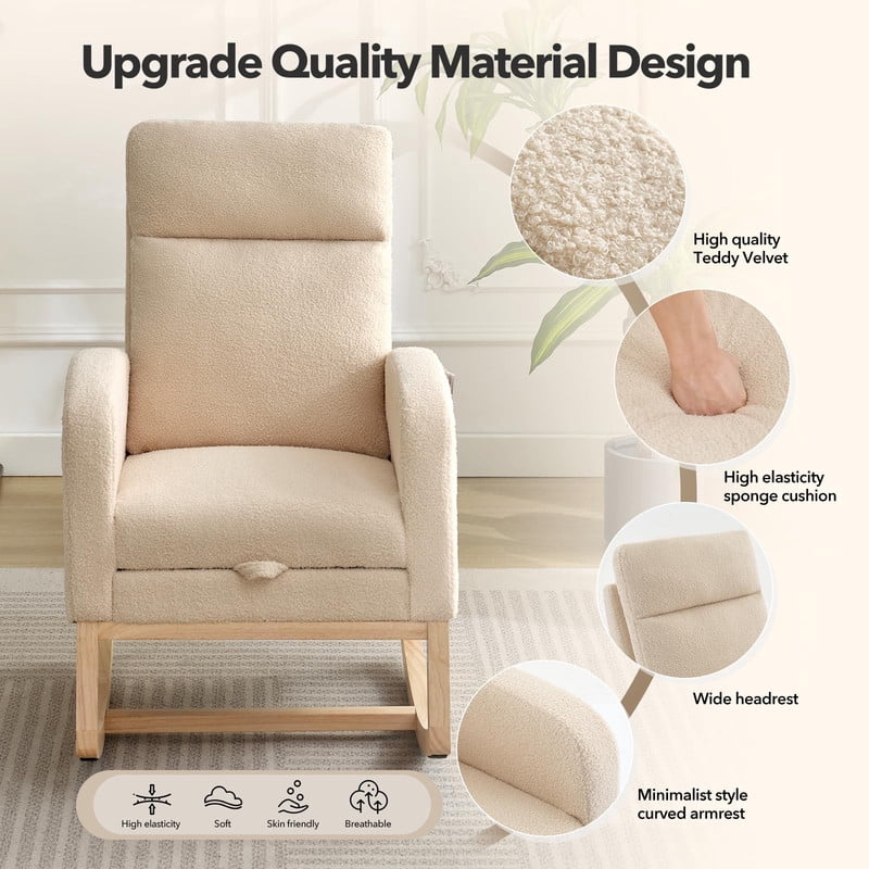 Towallmark Nursery Rocking Chair, Nursing Glider Chair with Footrest, High Backrest Rocker for Mom, Upholstered Lounge Chair with Solid Wood Base, Living Room Bedroom Nursery