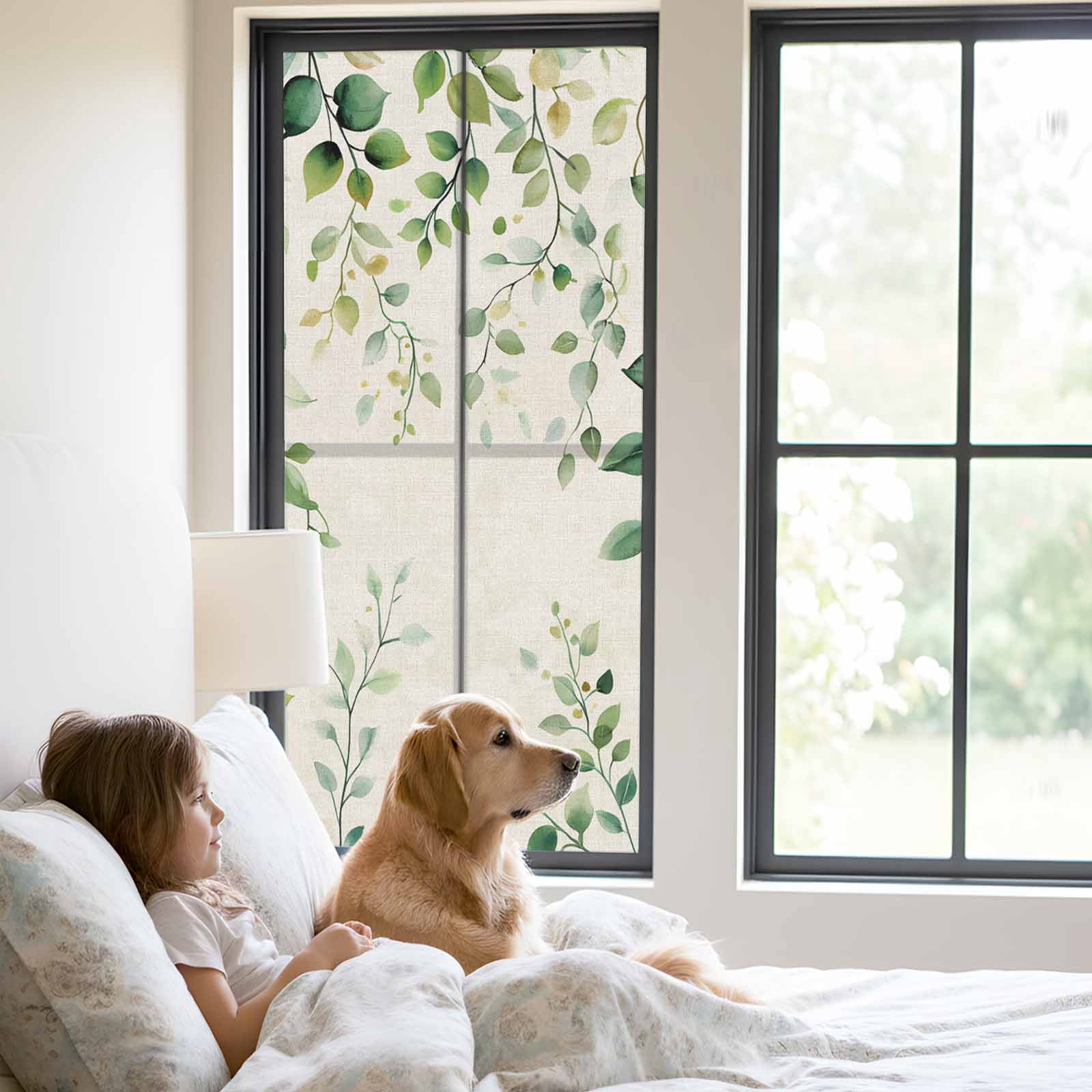Green Eucalyptus Window Privacy Film, Country Nature Leaf Succulent Plant Static Cling UV Sun Blocking Tint Film Heat Control Windows Films for Bedroom Bathroom, Window Stickers 23.6"x59"