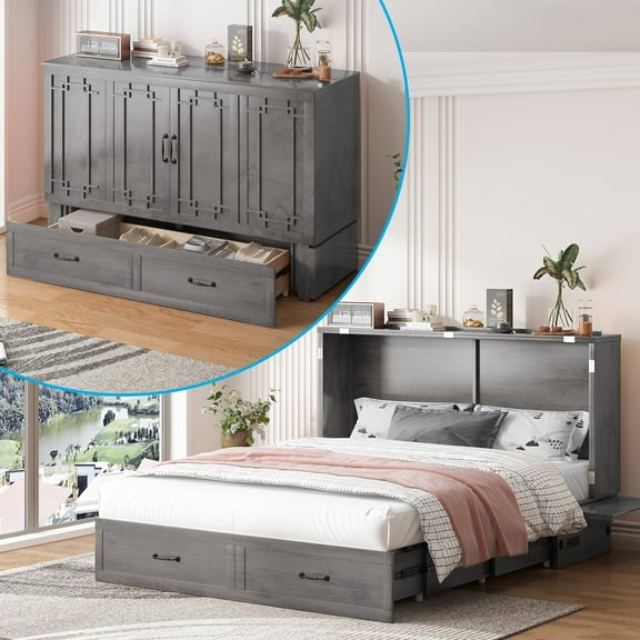 BALUS Solid Wood Queen Murphy Chest Bed with Storage & Charging Station, Convertible Wall Bed into Cabinet for Apartment/Bedroom/Livingroom, with Mattress, Gray